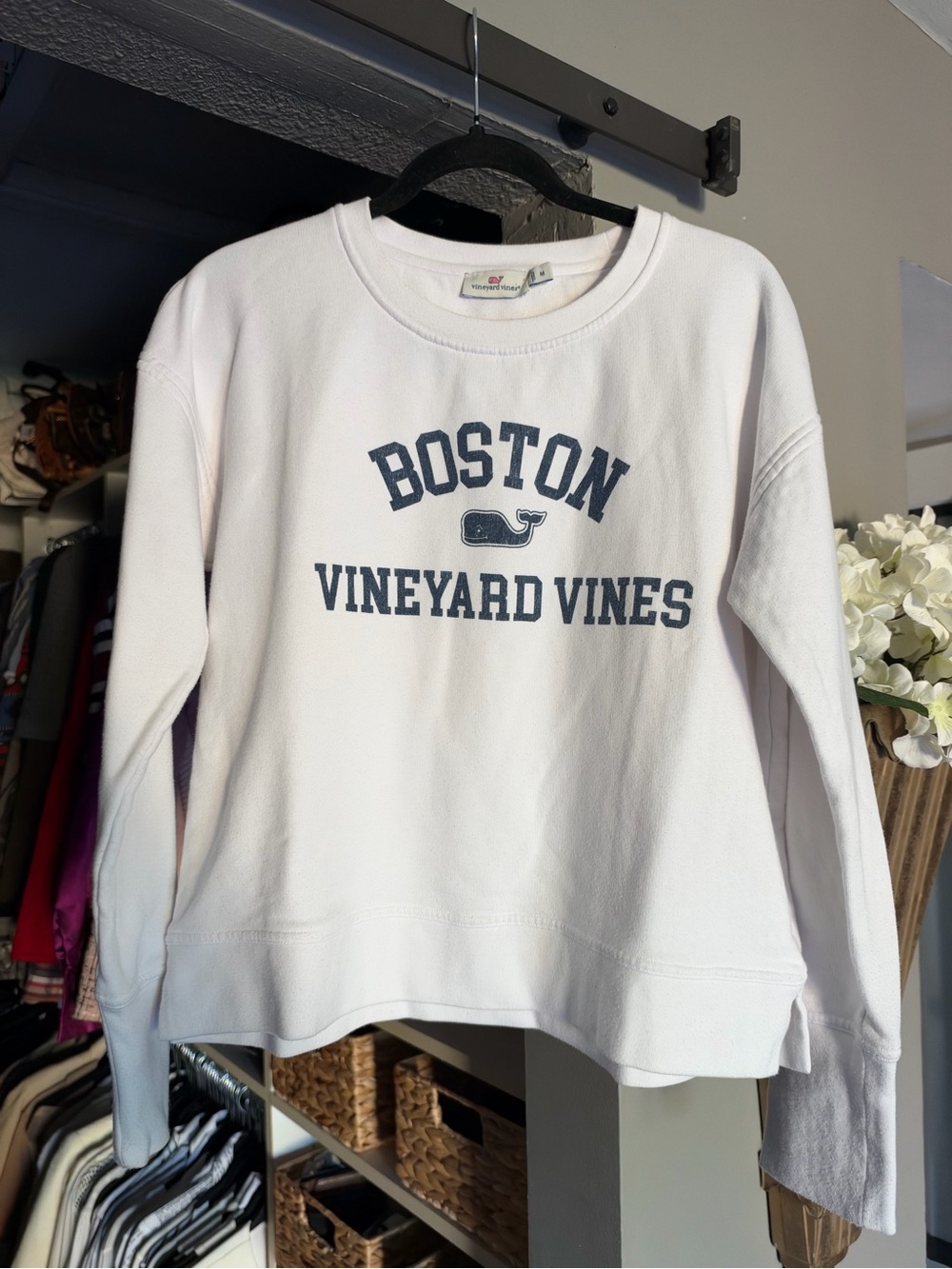 Vineyard Vines White Boston Logo Crewneck Sweatshirt with Navy Print